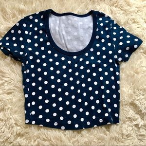blue crop top w/ white polka dots